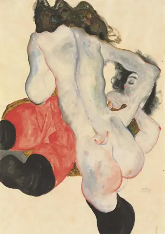 赤いズボンをはいて横たわり、立っている女性のヌード 1912